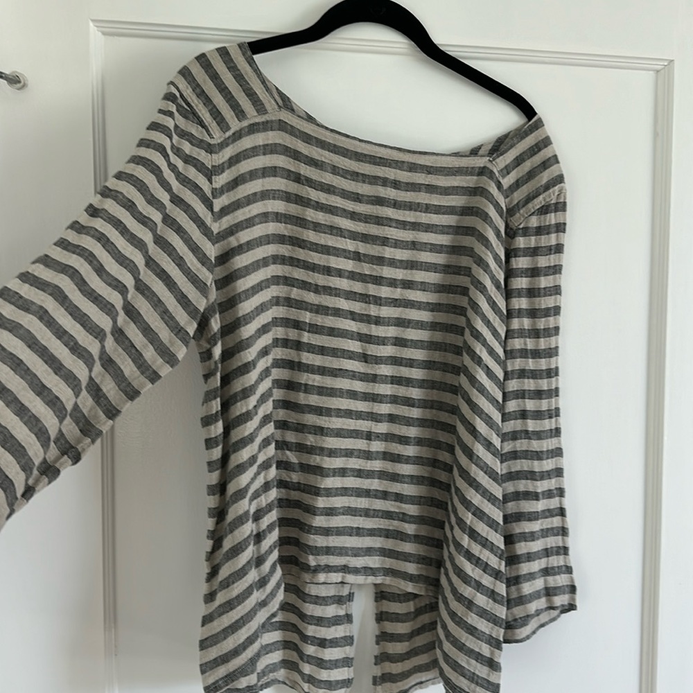 Linen tan and black striped shirt from positano